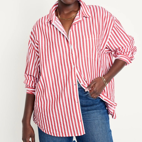 NWT OLD NAVY Oversized Button-Down BOYFRIEND Shirt Burgundy Stripe - Picture 5 of 9